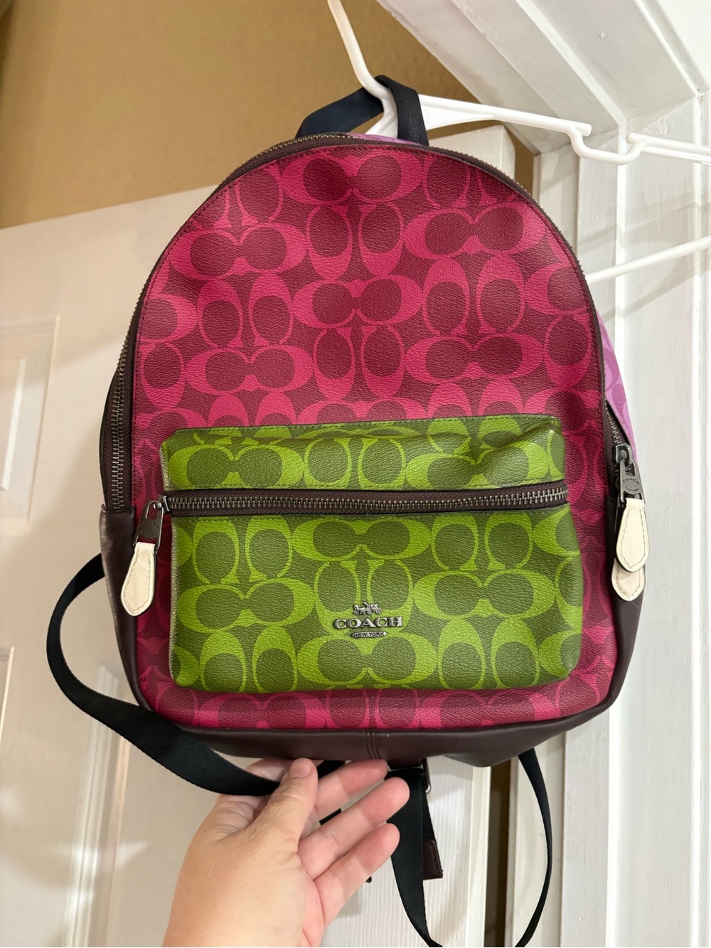Coach Pink and Green Signature Mini Backpack
